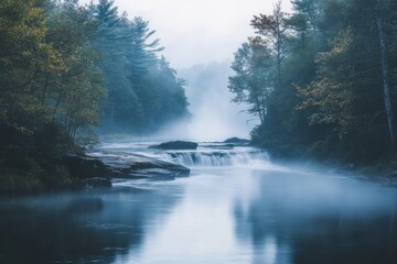 In the early morning light, a serene river gently flows through a misty forest. Soft fog envelops the trees, creating a peaceful atmosphere and enhancing the beauty of the landscape