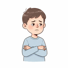 Young boy expressing frustration with arms crossed in a simple style  