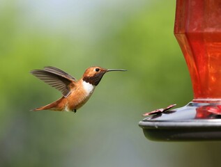 Rufous Hummingbird Flying to a Feeder