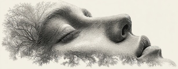 Symbolic face tree concept blending symbolic nature portrait, conceptual symbolic tree design for emotional art, and symbolic surreal identity metaphor artwork