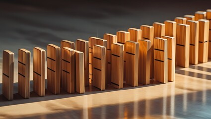 A captivating sequence of wooden dominoes, some fallen, illustrates a cascading chain reaction, symbolizing the intricate principles of cause and effect and profound interconnectedness