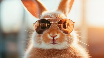 A delightful rabbit sporting trendy sunglasses, exuding charm and playfulness as it is captured in warm sunlight, showcasing its cute and quirky personality.