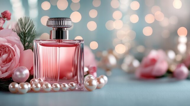 A beautifully designed perfume bottle surrounded by delicate pink roses and pearls, creating a sense of elegance and femininity perfect for luxury branding.