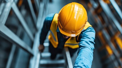 This image captures a worker in a yellow hard hat and safety vest ascending a ladder in a warehouse, symbolizing diligence and workplace safety in construction environments.