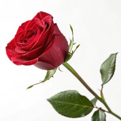 Obraz premium Close-up of a blooming red rose with green leaves and stem, isolated on white, symbolizing love, romance, and beauty.