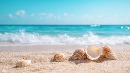 Obraz premium An inviting coastal scene with various seashells resting on soft golden sand, presenting a tranquil beach atmosphere that evokes relaxation and beauty of nature.