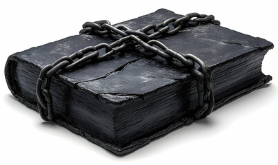 Weathered, dark book bound in a metal chain, lying flat against a white surface, casting a soft shadow