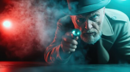 A mysterious scene featuring a detective in a hat, holding a flashlight and peering through smoke, radiating suspense and intrigue, reminiscent of classic detective stories.