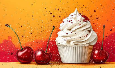 Whipped cream cupcake with cherries on a vibrant background