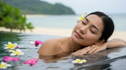 Serene woman relaxing in tropical pool paradise blissful escape ultimate wellness