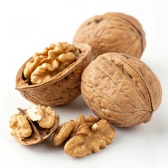 High-resolution image showing whole, cracked, and shelled walnuts on a white background, ideal for food and nutrition themes.