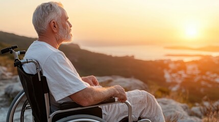 An older man in a wheelchair gazes thoughtfully at a stunning golden sunset, symbolizing reflection, serenity, and the beauty of life’s moments captured in time.
