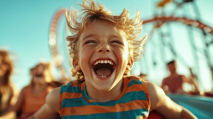 A joyful child with wind-blown hair exuberantly laughing on a roller coaster ride, capturing the thrill and excitement of childhood amusement park adventures.