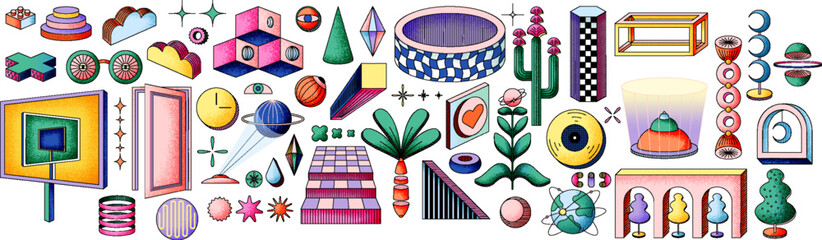 Naklejka na ściany i meble Psychedelic dimensions and art. Modern linear vector illustrations of abstract shapes, 3d objects with contour and outlines, flower, tree, otherworldly objects, esoteric, abstract, surreal