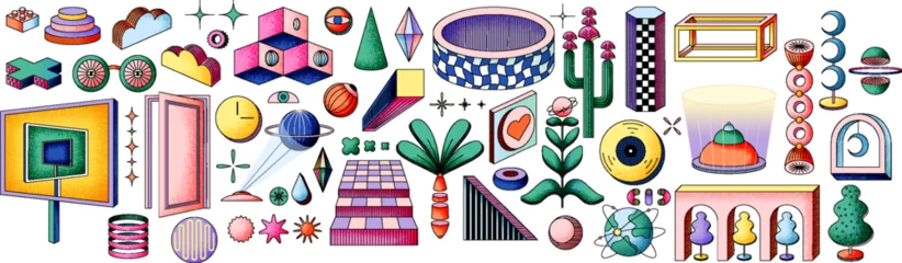  Psychedelic dimensions and art. Modern linear vector illustrations of abstract shapes, 3d objects with contour and outlines, flower, tree, otherworldly objects, esoteric, abstract, surreal © Ardea-studio