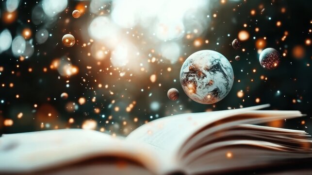 An enchanting scene where an open book releases floating planets and magical dust, inviting viewers into a dreamlike journey through imagination and exploration.