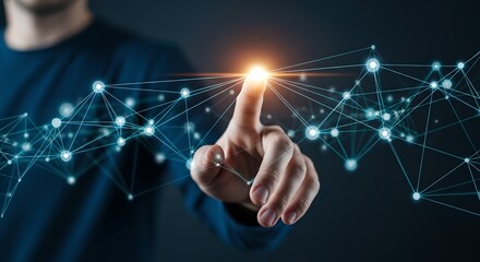 A person interacting with a glowing network of interconnected nodes with their finger tip