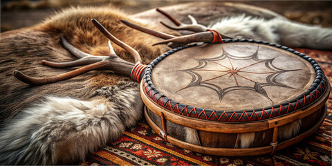 A beautifully crafted drum is resting on intricate fabric, surrounded by soft animal hide and antlers, showcasing an appreciation for traditional craftsmanship and culture