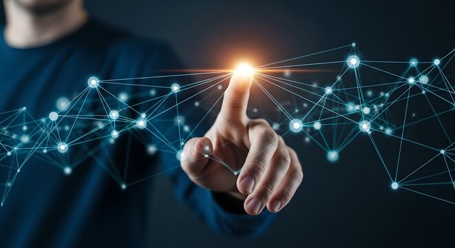 A person interacting with a glowing network of interconnected nodes with their finger tip
