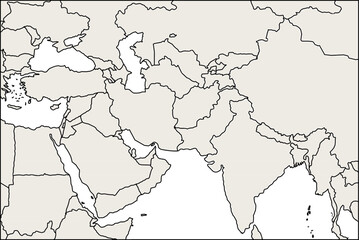 wide view map of middle east, central asia, south asia, some african countries some european countries