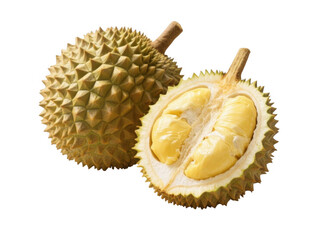 Obraz premium Durian Fruit Whole and Halved Showing Yellow Flesh on Transparent Background