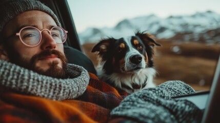 A man with glasses sits comfortably in a vehicle, enjoying the scenic view alongside his dog, highlighting the beauty of companionship and the joy of exploration together.