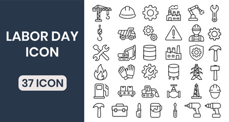 Labor Day Flat Icons. Tools, Worker, American Flag, and Holiday Elements