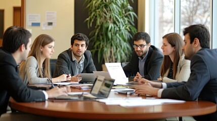 Obraz premium Group of young professionals having a business meeting in a modern office, friendly discussion, documents on the table, laptops, bright daylight perfect for corporate, business, and team collaboration