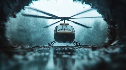 A weathered helicopter is framed by a dark, rainy environment, creating a dramatic and suspenseful atmosphere emblematic of adventure, exploration, and thrilling stories waiting to unfold.