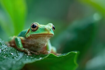Small frog resting on a vibrant green leaf, showcasing summer's beauty and the wonders of nature in a lush outdoor setting