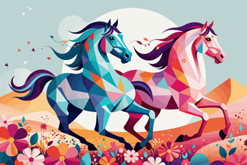 Geometric Horse Art-Colorful Equine Illustration-Abstract Horse Design-Modern Horse Painting-Floral Background-Unique Horse Artwork