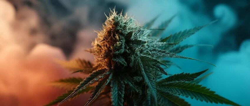 A close-up of a cannabis plant set against a colorful, cloudy background