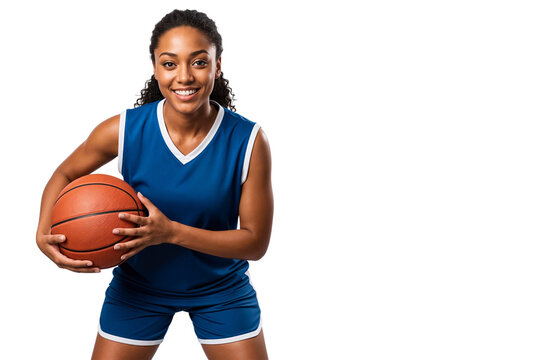 Smiling female basketball player in blue jersey holding ball, ready to play. isolated on transparent background with energetic posture