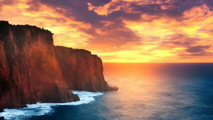 Vibrant sunset paints the sky over the ocean, casting a golden glow on the rocky coast