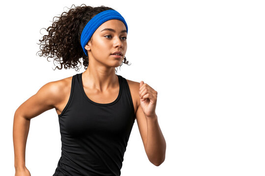 Focused young African American woman running in sportswear, demonstrating strength, endurance, and healthy lifestyle, isolated on transparent background - Powered by Adobe