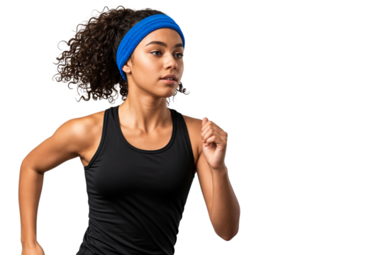 Focused young African American woman running in sportswear, demonstrating strength, endurance, and healthy lifestyle, isolated on transparent background