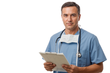 Smiling male doctor wearing face mask holding a clipboard for medical checkup, isolated on transparent background