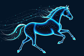 Futuristic Horse Illustration- Digital Art of a Glowing Blue Horse- Tech Inspired Equine Design on Black Background- AI Horse Concept