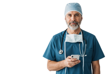 Confident senior male doctor wearing scrubs, cap, and stethoscope, holding a smartphone, symbolizing modern healthcare communication and professionalism