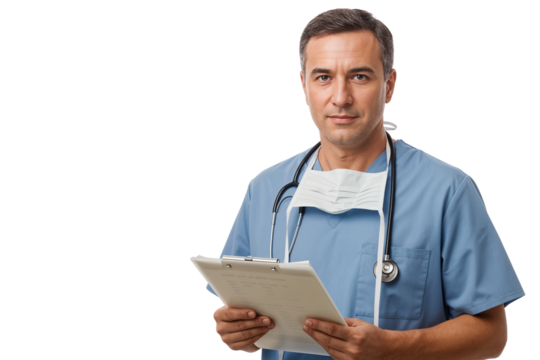 Smiling male doctor wearing face mask holding a clipboard for medical checkup, isolated on transparent background - Powered by Adobe