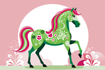 Floral Horse Illustration - Green Horse with Pink Mane and Tail - Artistic Horse Design for Wall Art - Unique Horse Decor Inspiration