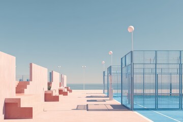 Enjoying summer at a coastal padel court with a beautiful beach view and clear sky inviting for outdoor activities and sports