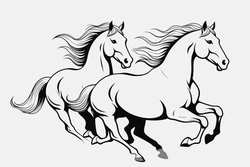 Obraz premium Two White Horses Running Wild - Majestic Mustangs in Motion - Equine Art Illustration - Black and White Horse Design