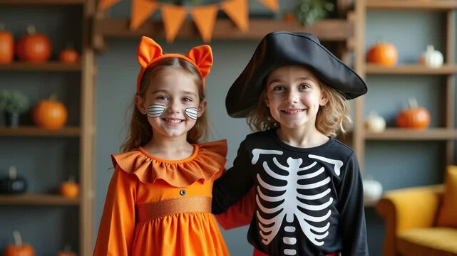 Two smiling kids in Halloween costumes posing indoors, girl dressed as orange cat and boy in skeleton pirate outfit, autumn home decor with pumpkins and bunting in background, festive celebration

