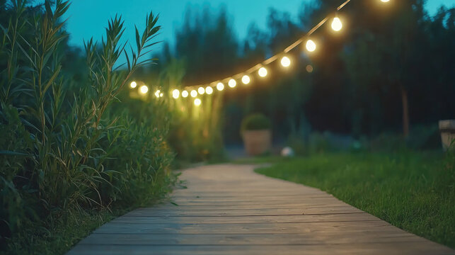 Wooden pathway garden string lights evening outdoor green plant tranquil summer night