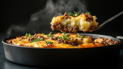 A steaming serving of a hearty meat pie, loaded with ingredients and garnished, captures the essence of comfort food that evokes warmth and homeliness.