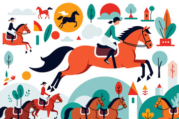 Horse Riding Illustration- Equestrian Sport Scene- Colorful Horse Art- Horseback Riding Graphic- Horse Race Vector- Jockey on Horse- Cartoon Horse Image