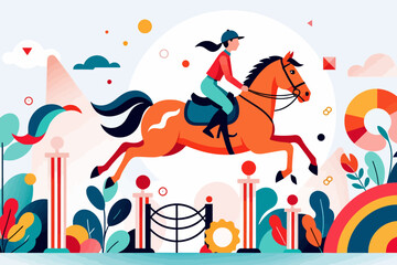 Equestrian Art Illustration-Colorful Horse Jumping-Horseback Riding Graphic-Bright Vector Design-Artistic Horse Show Image-Modern Horse Illustration-Jockey and Horse Art