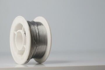 Close-up of a spool of silver solder wire on a white surface. Ideal for electronics repair, jewelry making, and crafting projects.