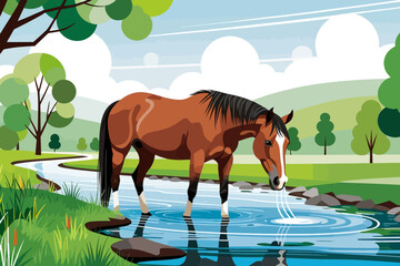 Brown Horse Drinking Water in a Stream-Serene Countryside Landscape-Illustration of a Horse by a River-Nature Scene with Animal-Calm Water Reflection